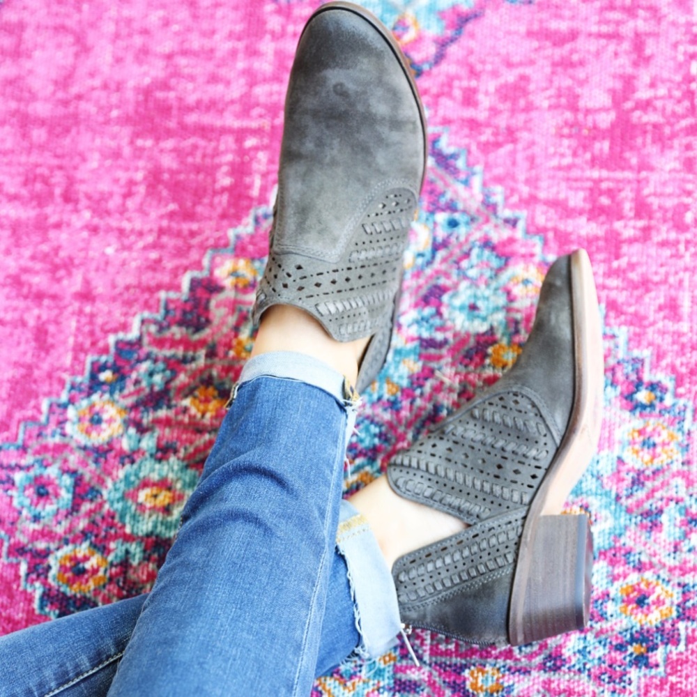 Vince Camuto Laser Cut Gray Green Suede Booties